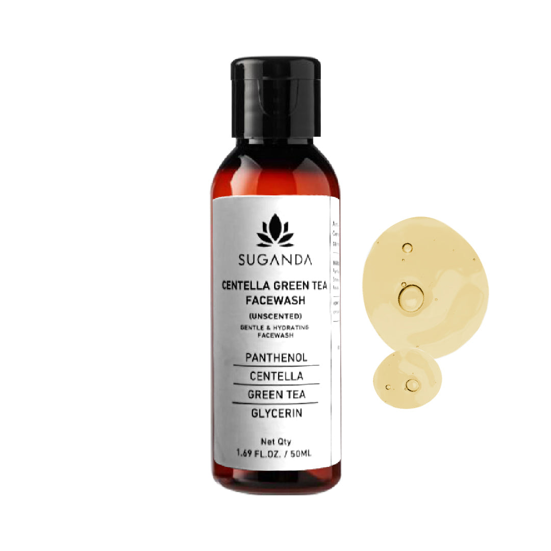 Suganda Centella Green Tea Face Wash bottle with a dropper on a white background